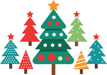 Obraz premium Colorful flat design christmas trees with stars and ornaments