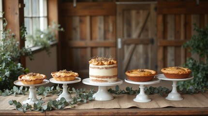 Rustic dessert table with naked cake, vintage pie stands, burlap runner, eucalyptus, soft window light, minimal styling.
