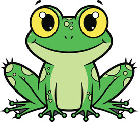 Cute cartoon frog with big eyes, sitting happily, bright green vector illustration for kids content, animal characters, wildlife graphics, amphibian education