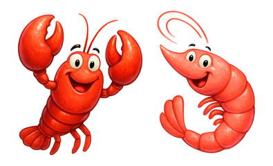 Cute cartoon lobster and shrimp in a child's freehand drawing style.