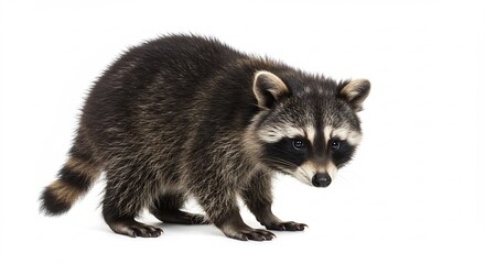 Fototapeta premium 白い背景 鮮やか アライグマ 凛々しく立つ 毛並み美しい 野生動物写真. AI Generated