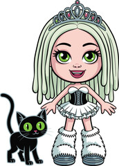 Cute cartoon girl princess with long white dreadlocks, wearing jeweled crown and fluffy boots, standing with black cat, fantasy character vector