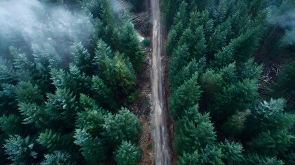 Obraz premium Aerial view of a winding logging road cutting through a dense evergreen forest