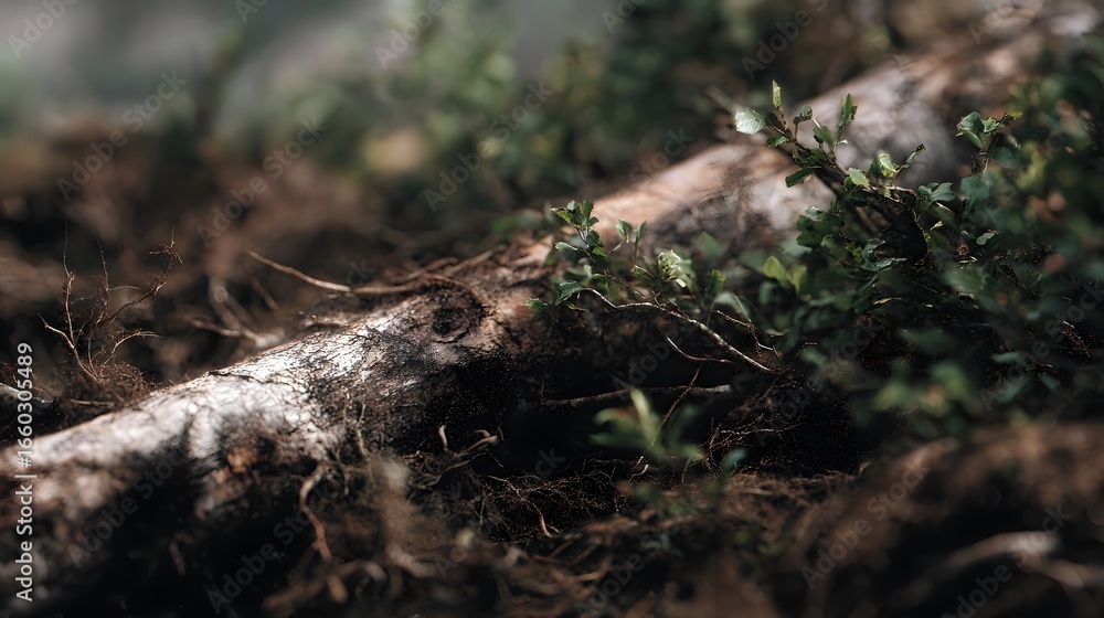 Poster collapsed ecosystem with decaying plants and soil in a forest setting