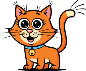 Cute cartoon orange cat with big eyes, wearing a collar and bell, happy domestic pet animal vector illustration for children and decoration