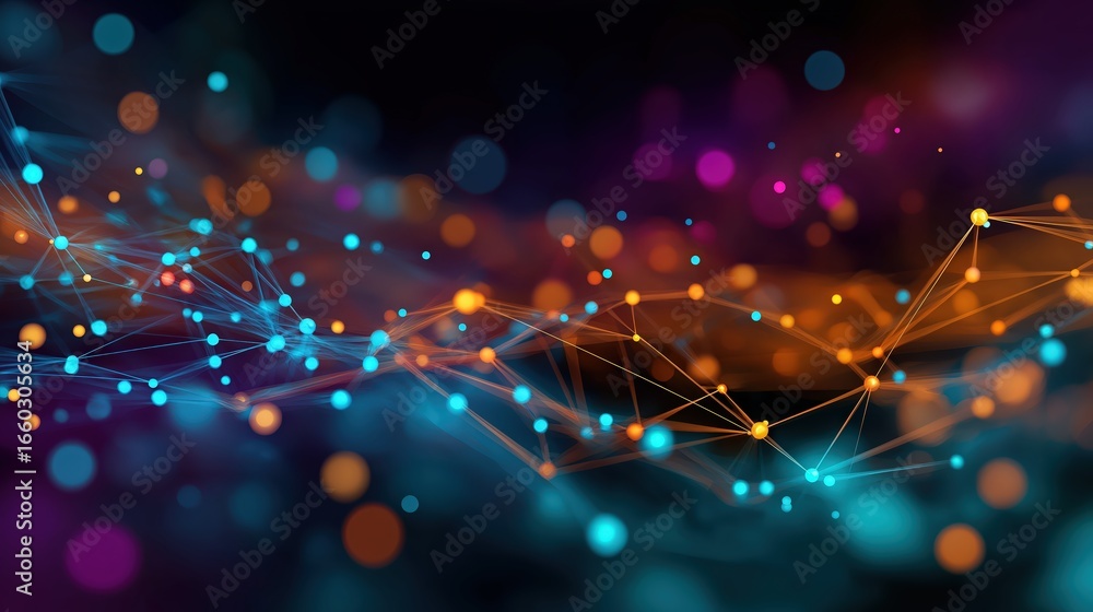 Poster a futuristic network of glowing, interconnected nodes and lines with colorful bokeh lights, represen