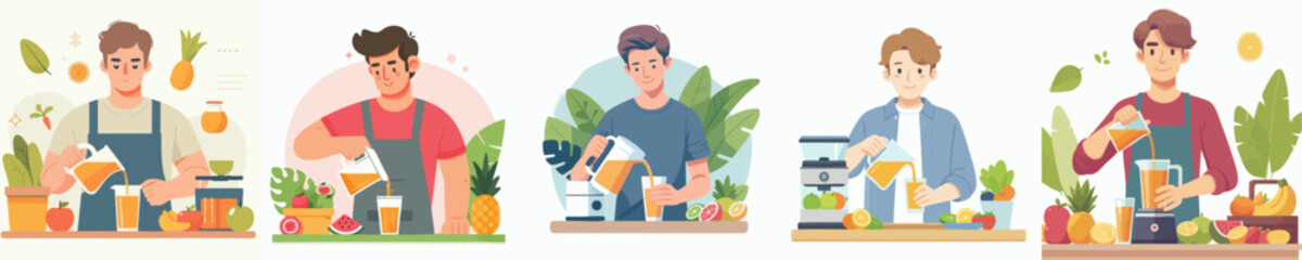 Flat Illustration Diverse Men Preparing Fresh Juice and Smoothie Beverage