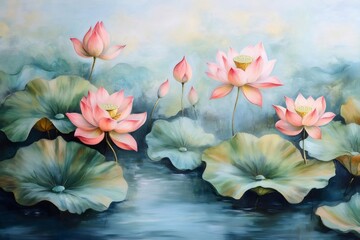 ピンクの蓮の花と緑の葉が水面に咲き誇る風景画 穏やかな雰囲気