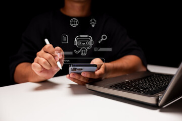 A person interacts with a smartphone and a laptop, using a stylus, surrounded by digital icons representing technology and innovation.