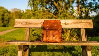 A rustic leather backpack rests serenely on a weathered park bench, bathed in golden sunlight, amidst a tranquil green setting.