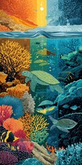 Stylized artwork of a coral reef's life cycle. A split view above and below water contrasts a healthy, colorful ecosystem with a bleached one, featuring turtles and fish.