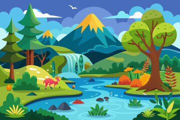 Vibrant cartoon landscape with a flowing river, mountains, trees, and a deer, perfect for travel, nature, and children's book illustrations