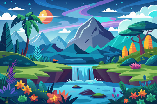 Vibrant stylized landscape with waterfall, mountains, and lush flora under a colorful sky, perfect for travel, nature, and adventure themes, inspiring relaxation and exploration