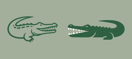 Two stylized crocodile icons, one in line art and the other a solid silhouette, with open mouths and sharp teeth.