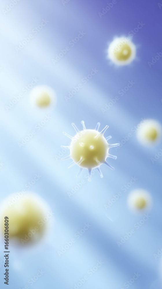 Poster Abstract illustration of microscopic virus particles floating in a blue gradient background, showcasing intricate details and textures of the viral structure and its environment