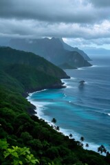 熱帯の島々を見下ろす海と緑豊かな海岸線 雨雲の下の青い水域