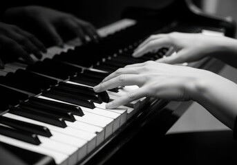 Obraz premium Close up of pianist hands playing a grand piano creating beautiful music performance