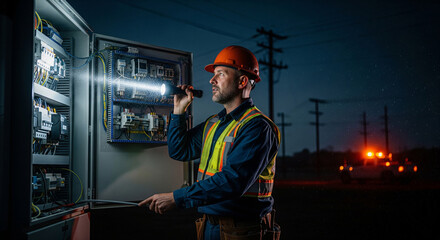 Electrical engineer technician working night shift with flashlight trying to restore power supply during an outage