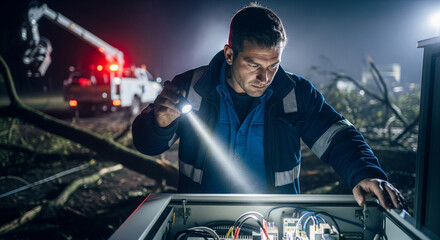 Electrical engineer technician working night shift with flashlight trying to restore power supply during an outage