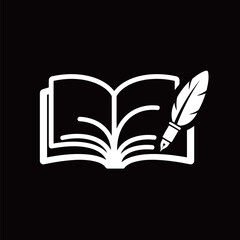 Simple white icon of an open book with a quill pen on a black background, representing literature, writing, and education.