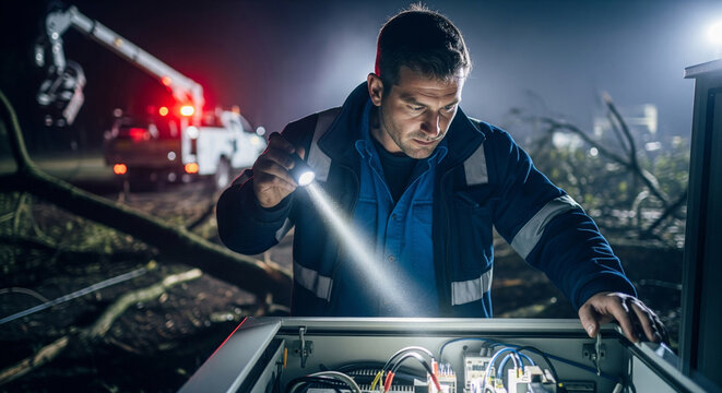 Electrical engineer technician working night shift with flashlight trying to restore power supply during an outage