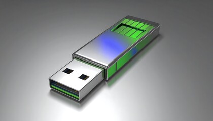 A metallic flash drive with vibrant green and blue accents rests on a neutral surface.
