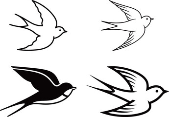 Set of four stylized swallow icons, featuring various styles including line art and silhouette designs.