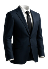 Dark blue business jacket with white shirt and black tie.