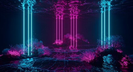 Futuristic underwater wallpaper with neon corals, glowing waves, and cyberpunk deep sea lights, perfect seamless background