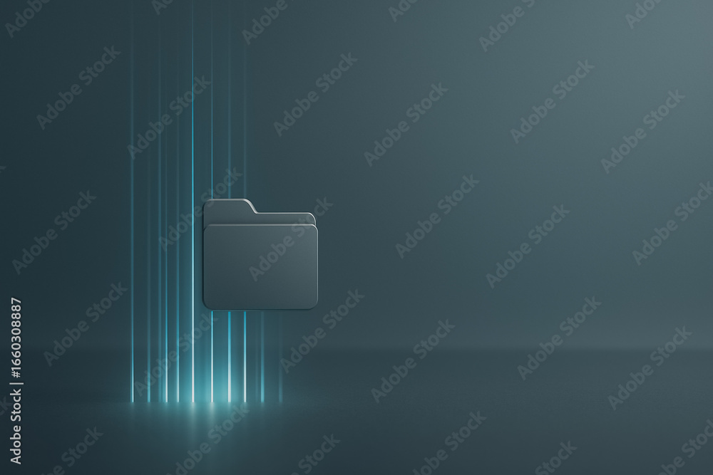 Poster digital archive: a sleek, minimalist depiction of a digital folder icon amidst radiant data streams,