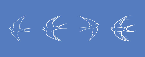 Set of four simple swallow bird flight illustrations in a continuous, flowing line art style.