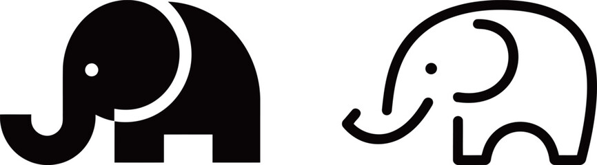 Set of two simple elephant icons in a black silhouette and a bold outline style. Perfect for a minimalist logo or graphic design.