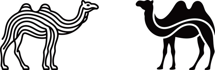 Set of two camel illustrations in a minimalist black and white style. Graphic icons of a dromedary and a Bactrian camel.