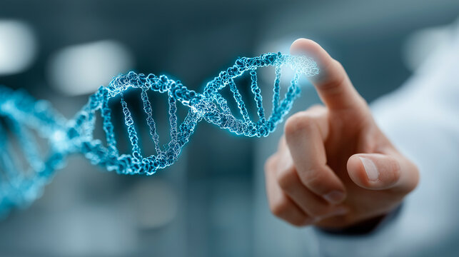 Scientist touching futuristic dna double helix in laboratory