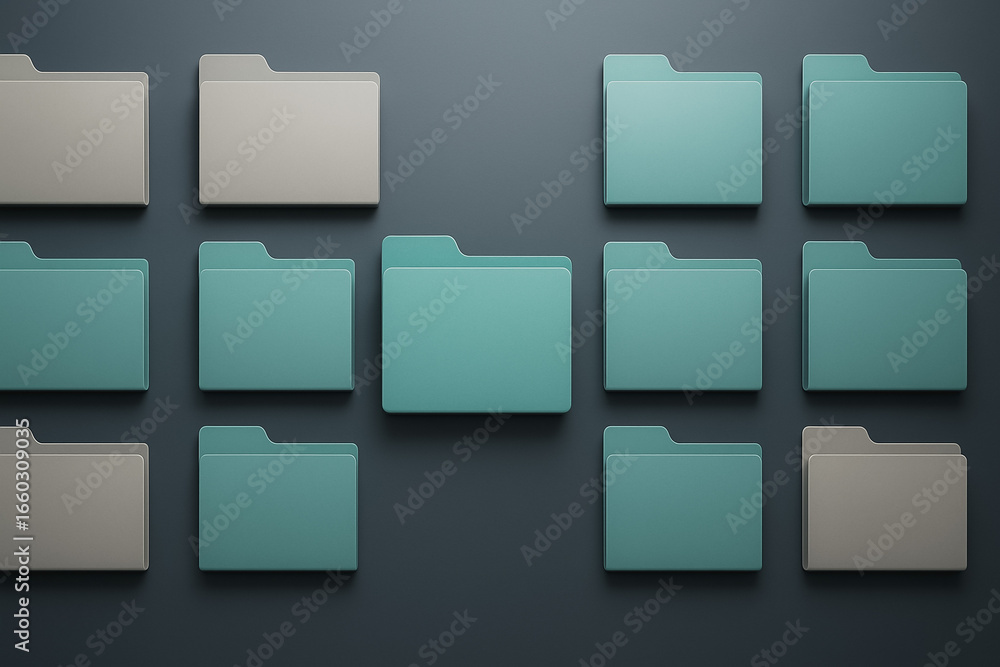 Poster folders on the digital desktop: a clean, modern digital representation of organized information. a c