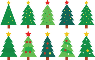 Collection of stylized christmas trees with stars and ornaments