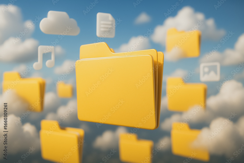 Poster digital data management: the scene shows a collection of animated cloud-like folders. this visual sy