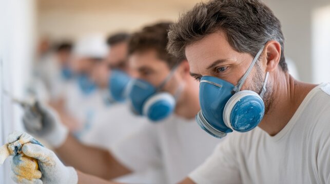 Team of male professional painters working diligently in a bright interior space during a renovation project
