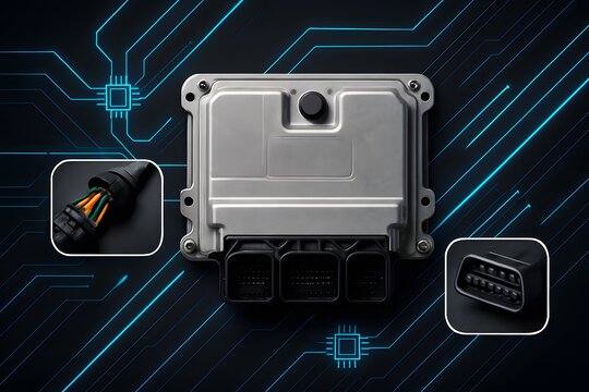 Automotive ECU Module with Connector Ports, Wiring Harness, and OBD Diagnostic Port on Circuit Background with Technology Accents