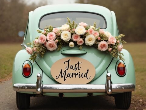 ミントグリーンのレトロカー後面と結婚の花飾りとJust Marriedサイン