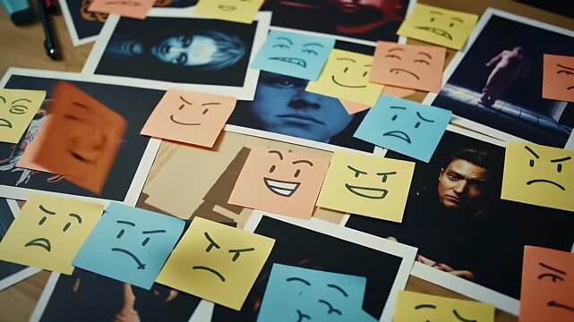 Photographs Displaying Various Emotions with Colorful Sticky Note on a Wooden Desk
