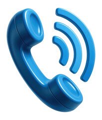 Blue 3D telephone receiver icon with sound waves.