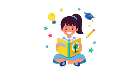 Vector illustration of a smiling schoolgirl studying with a book and learning symbols.