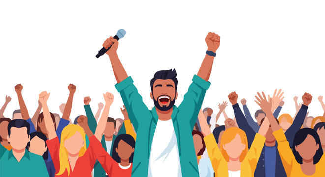 Triumphant man with a microphone leading an excited diverse crowd with raised arms.