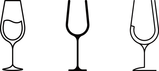 A set of three line art icons depicting different styles of wine glasses, ideal for a beverage or restaurant-themed design.