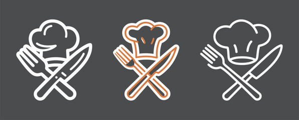 A collection of three chef hat icons with crossed cutlery, symbolizing a restaurant, food, or culinary profession.