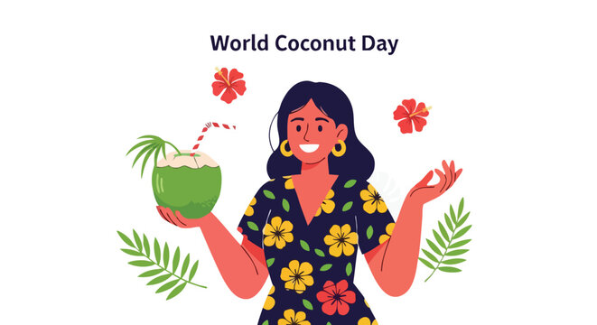 World Coconut Day illustration of a smiling woman in a floral dress holding a fresh coconut drink.