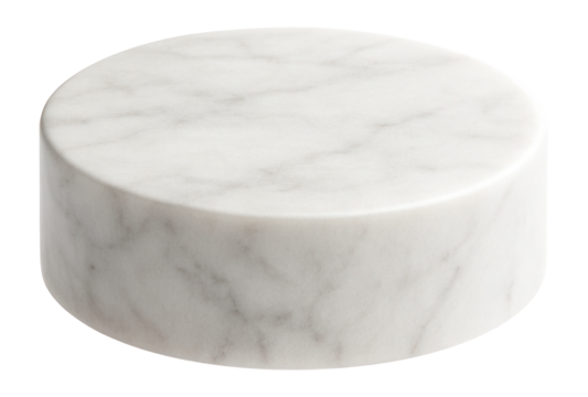 Minimalist white marble podium with round shapes.