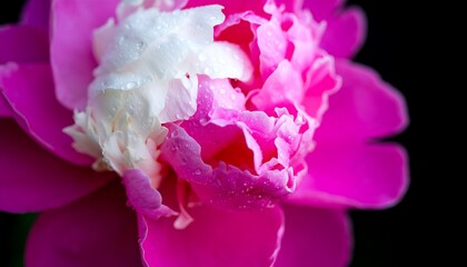 Close-up view of a vibrant pink peony flower with delicate white petals, showcasing intricate details and water droplets.