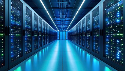 Futuristic server room.  Rows of servers illuminated